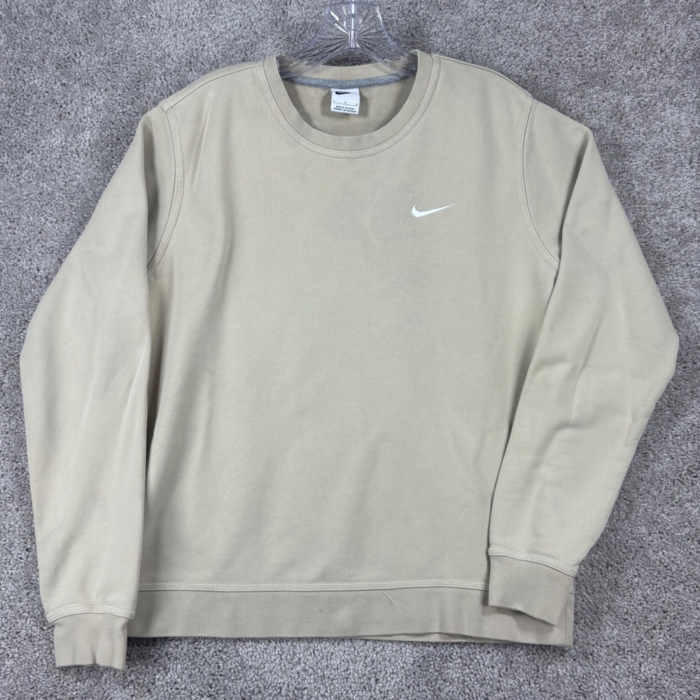 Nike Mens Crewneck‎ Sweatshirt Tan Beige Embroidered Swoosh 100% Cotton Large